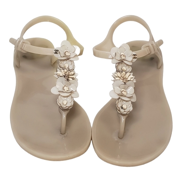 Chanel Camelia Rubber Flat Slingback Sandals SZ 36 Beige - Picture 3 of 16